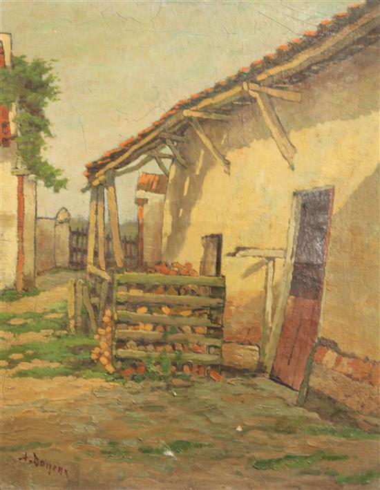 A. Boneux Woodstore beside a farmhouse, 18 x 145in., unframed